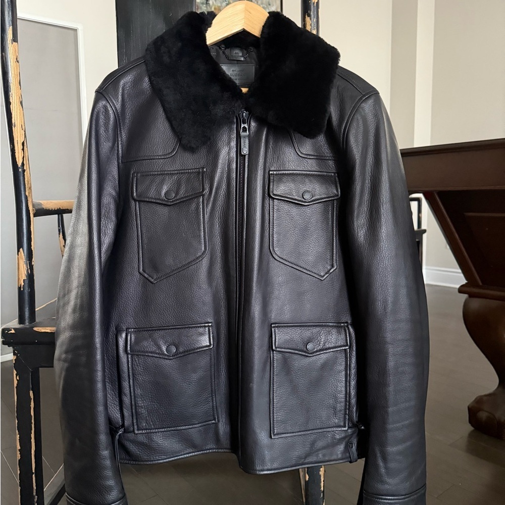 RUDSAK Black Military Leather Jacket with Fur Collar